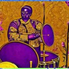 Regal Figure in Purple and Gold Attire Playing Drums on Floral Background