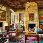 Eclectic living room with patterned furniture, golden chandelier, colorful textiles, and fireplace - rich