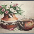 Ornate still life painting with lush flowers in vase and bowl