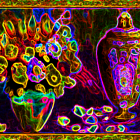 Colorful Floral Still Life with Ornate Vases and Tapestry Background