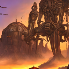 Steampunk sunset landscape with mechanical structures and flying vehicles