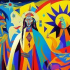 Vibrant Native American figures with dreamcatcher and sunset backdrop