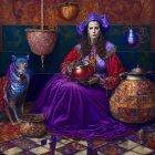 Regal woman in purple dress with cat against ornate backdrop