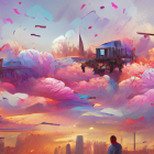 Futuristic cityscape at sunset with flying vehicles and lone figure