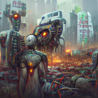 Futuristic humanoid robot in intricate design against alien cityscape