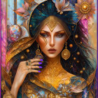 Cosmic Woman Portrait with Golden Ornaments & Celestial Motifs