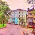 Tranquil street scene with green trees, lampposts, modern and classical buildings at sunset