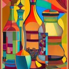 Colorful geometric-patterned vases and candlesticks in vibrant still life painting