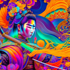 Digital artwork: Ancient warrior in traditional armor with vibrant orange fabric and floral motifs on blue backdrop