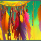 Colorful digital artwork of figure in Native American regalia with feathers, beads, and dreamcatchers