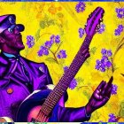 Vibrant illustration of man playing guitar in purple suit on yellow floral background