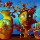 Colorful surreal artwork featuring floral humanoid figure and stylized vase with intricate patterns in dream-like ambiance