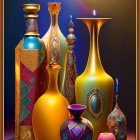 Colorful vases and candles with flower on dark background