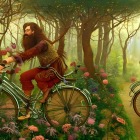 Two bearded men on ornate bicycles in lush forest scene