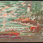 Coastal sunset scene with two lighthouses, house, and crashing waves