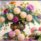 Golden vase with intricate design overflowing with colorful flowers on pastel background