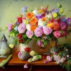 Detailed Still Life Painting: Vibrant Bouquet in Golden Vase on Dreamy Background