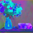 Colorful Still Life with Blue and Purple Flowers, Vases, and Lamp on Table