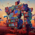 Futuristic colorful building with stacked cylindrical sections and flying vehicles in sunset sky