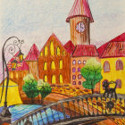 Detailed Medieval Town Illustration with Towers, Arched Walkways, and Tiled Roofs