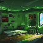 Futuristic spaceship interior with neon lights and control panels