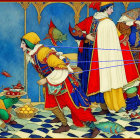 Royal Court Scene Illustration: King, Queen, Servants in Traditional Attire with Fish Platter