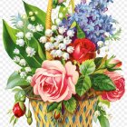 Assorted Flowers in Ornate Vase on Transparent Background