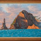 Framed seascape painting: Sunset, lighthouse on cliff, purple clouds