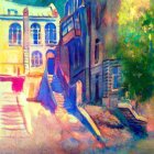 Colorful Watercolor Painting: Quaint Two-Story House with Blue Door