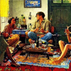 Four People Sharing Hookah in Colorful Bohemian Room