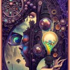 Colorful surreal artwork: Woman with intricate headgear and glowing bulb, surrounded by fantastical mechanical details