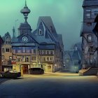 Animated street scene at dusk with snow-capped roofs, warm lights, vintage cars, European architecture