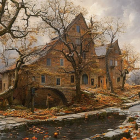 Quaint Village Autumn Scene with Cobblestone Paths and Canal