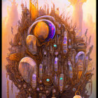 Futuristic surreal structure with spherical elements under warm amber sky