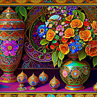 Intricately patterned vases and vibrant bouquet on blue background