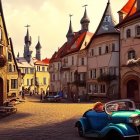 Historical European town scene with cobblestone street, half-timbered buildings, people,