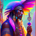 Vibrant Native American figure in traditional attire with spiritual aura