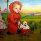 Digital artwork of girl in red dress in poppy field with doll and airplane.