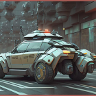 Armored vehicle with cannons on urban street, robotic walker in hazy sky