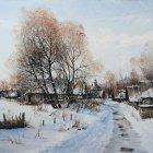 Snowy village scene with cozy cottages, serene river, and wintry landscape