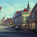 Snowy European Street Scene with Vintage Cars and Serene Sky