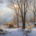 Serene forest path with snow, sunlight, and autumn leaves