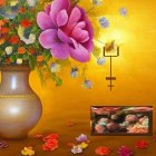 Colorful Still Life with Decorated Vase, Bowl, and Flowers on Golden Background