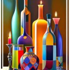 Colorful Ornate Bottles with Lit Candles and Burning Flame in Purple Vessel