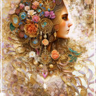 Detailed illustration of woman with gold jewelry and flowers on pastel backdrop