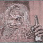 Colorful surreal illustration of elderly man with whimsical beard holding beer bottle surrounded by musical notes.