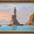 Lighthouse painting on rocky outcrop with crashing waves at sunset