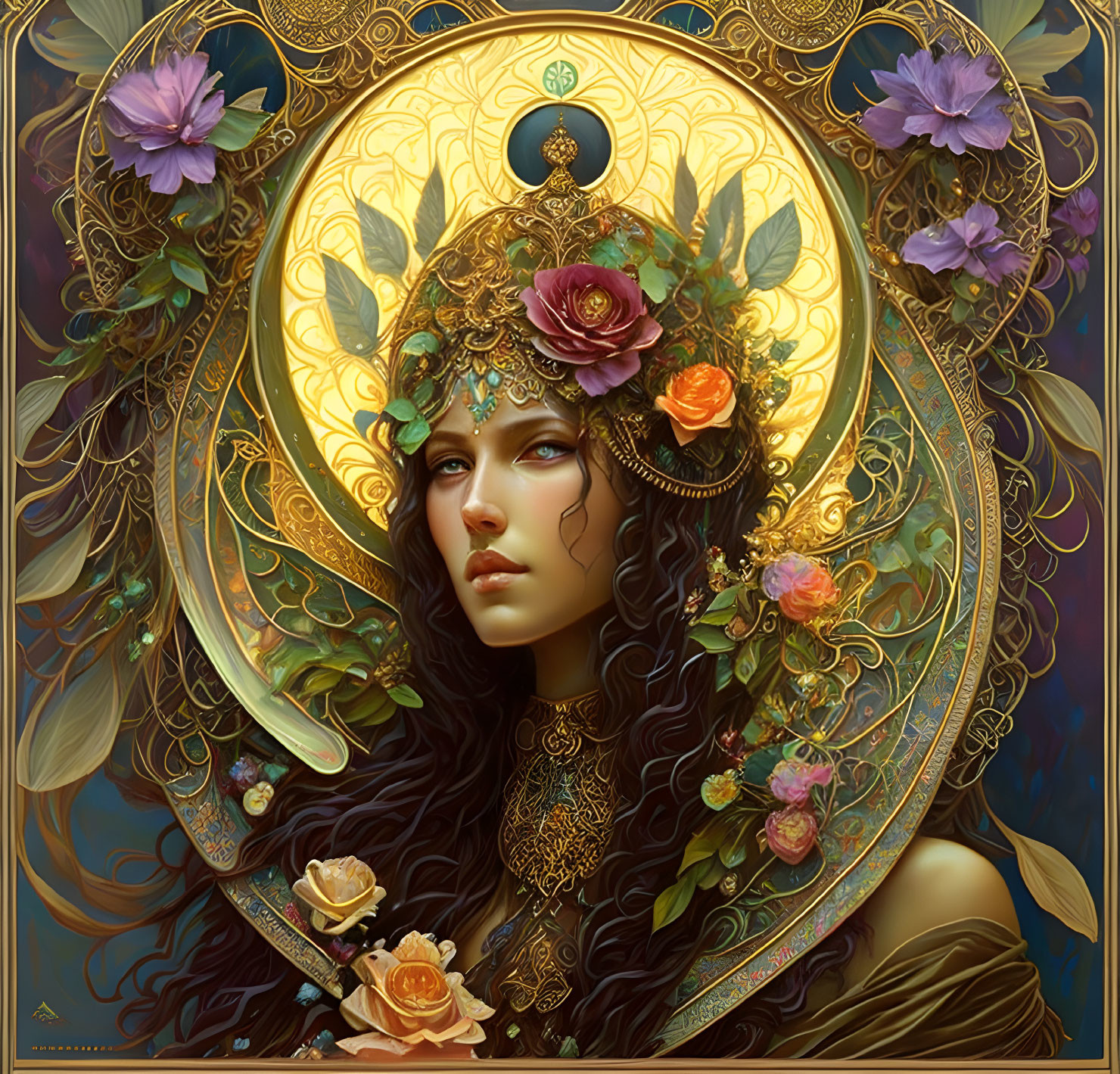 Detailed illustration of woman with halo and gold motifs among purple flowers