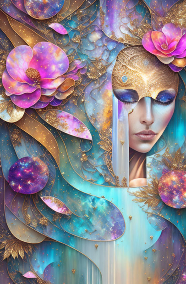 Surreal portrait blending cosmic and floral elements in vibrant colors