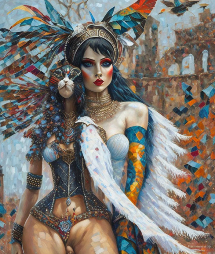 Vibrant fantasy artwork of winged female figure with blue hair and mask